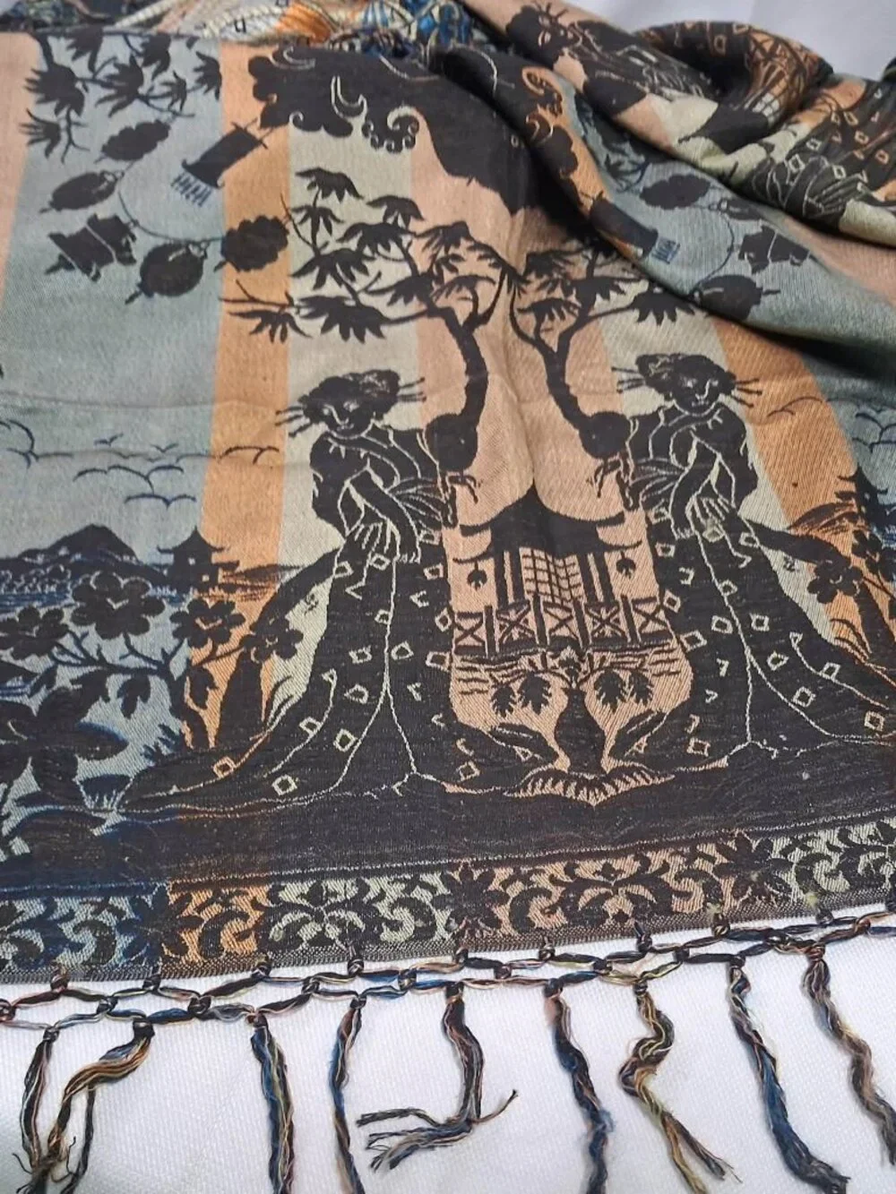 Vintage Asian-Inspired Fringed 48inx48in Shawl, Tablecover, Tapestry, Wall Hang